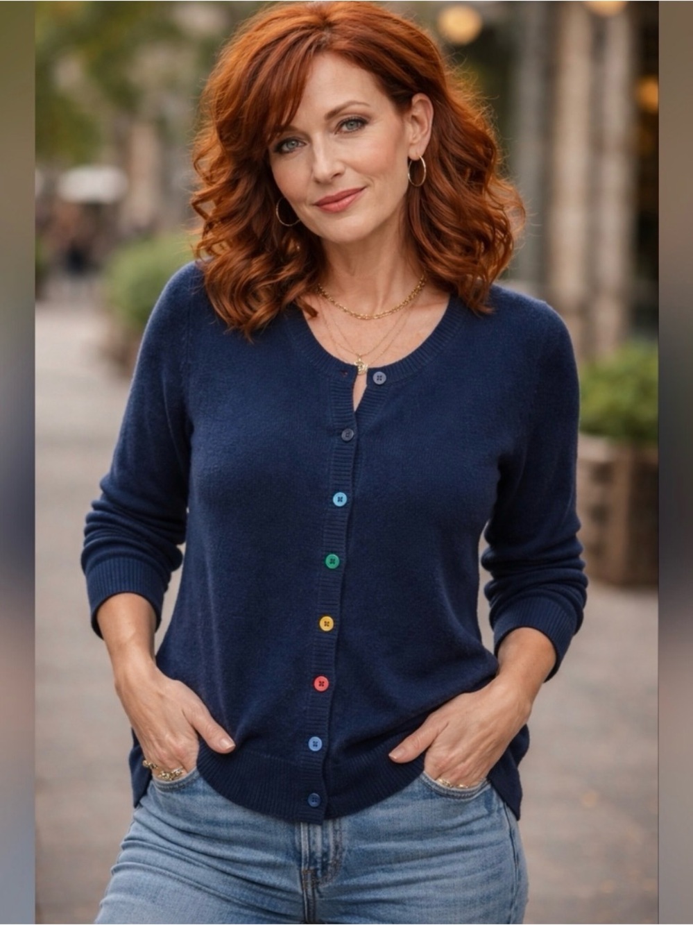 Classic Navy Crewneck Cardigan with rainbow Buttons - Women Sweaters